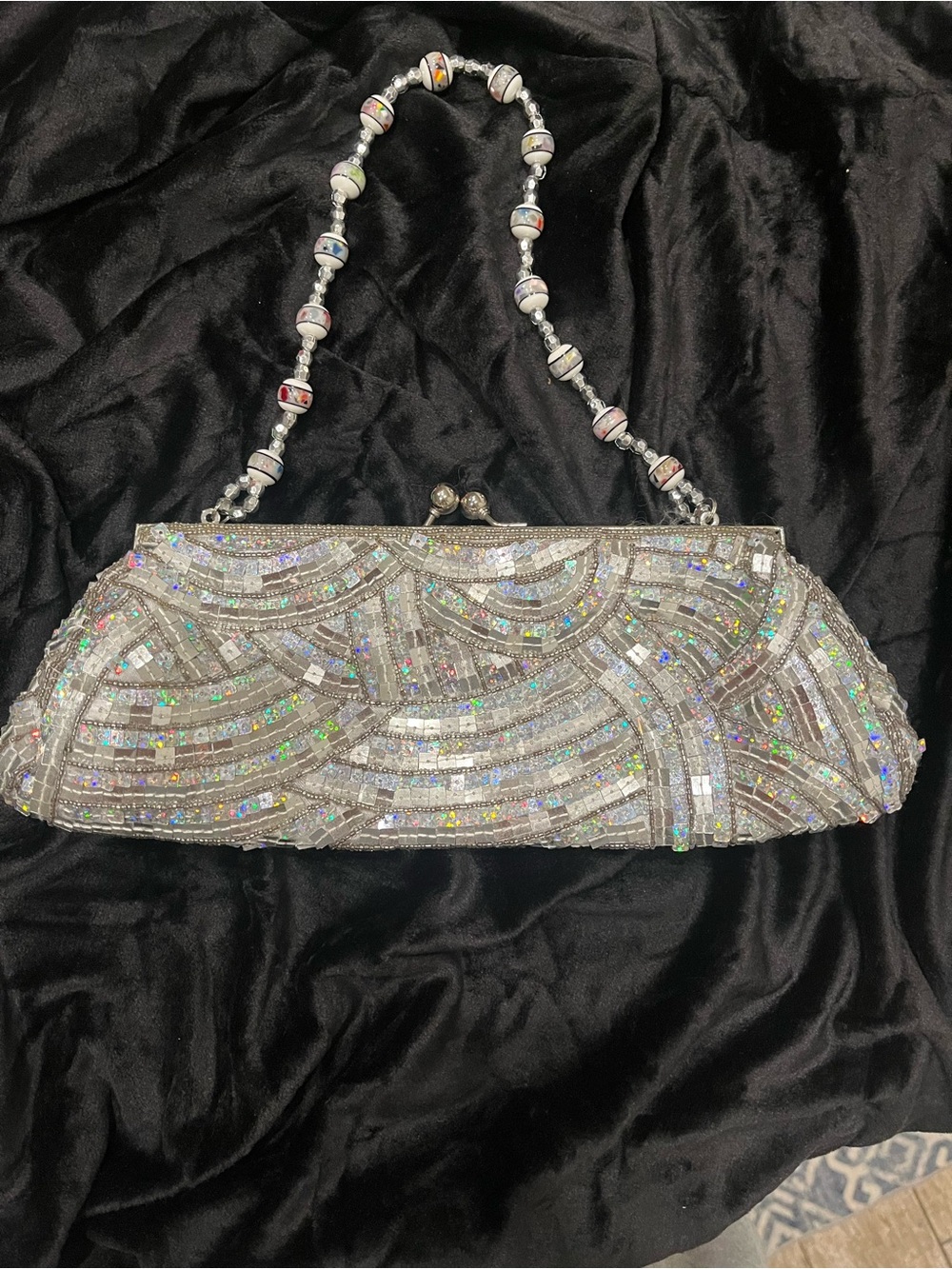 Silver Beaded Evening Clutch with Decorative Bead Strap